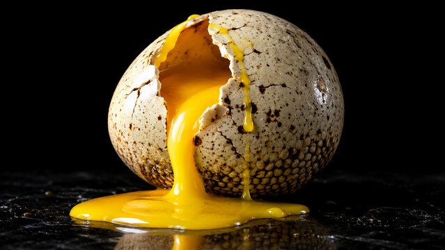 A speckled, cracked egg rests on a dark surface, oozing a thick, glossy golden-yellow yolk out from its shell onto a wet puddle below.