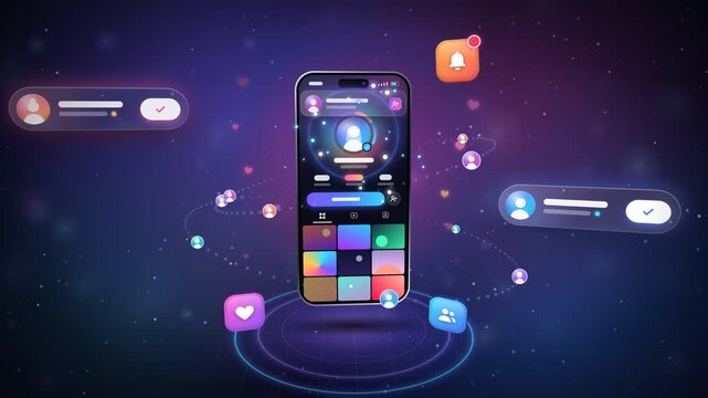 3D Smartphone New Follower Notifications Popping Out With Avatars Flying Into Profile Ring Seamless Loop