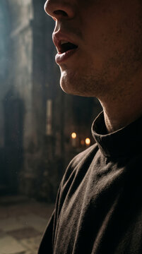 Choir Singer Monk Chanting In Historic Candlelit Stone Cathedral
