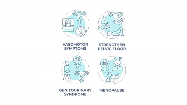 Hormonal transition health animated monochrome cyan concept icon set. Pelvic floor muscles conditioning. Genitourinary health awareness. Minimalist blue line animation pack. Circular motion graphics