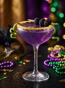 Purple cocktail in a coupe glass with blackberries and sugar rim  