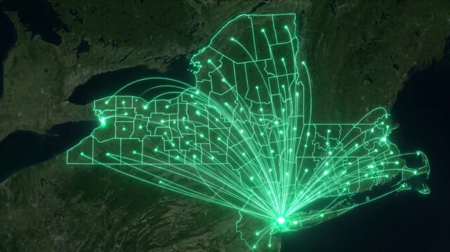 衛星視点のニューヨーク州全域に広がる光の量子通信ネットワークと行政境界線
