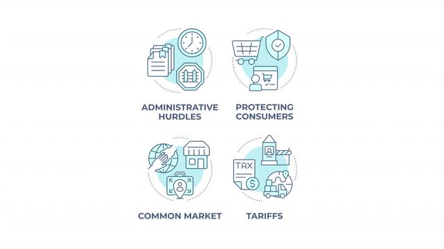 Cross border economic policy animated monochrome cyan concept icon set. Globalized marketplace logistics. Import and export frameworks. Minimalist blue line animation pack. Circular motion graphics