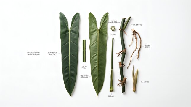Philodendron Spiritus Sancti plant anatomy dissection with labeled parts on white background for botany study