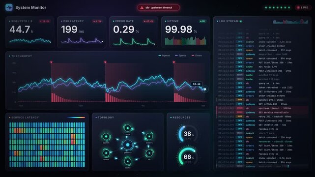 Futuristic Real Time System Monitoring Dashboard With Live Scrolling Server Logs