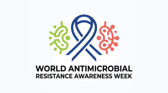 World Antimicrobial Resistance Awareness Week vector logo with blue awareness ribbon flanked by green and red line art bacteria cells.