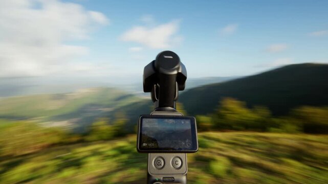 A handheld gimbal camera changes orientation in the foreground, with a mounted smartphone displaying the surrounding green mountain landscape.