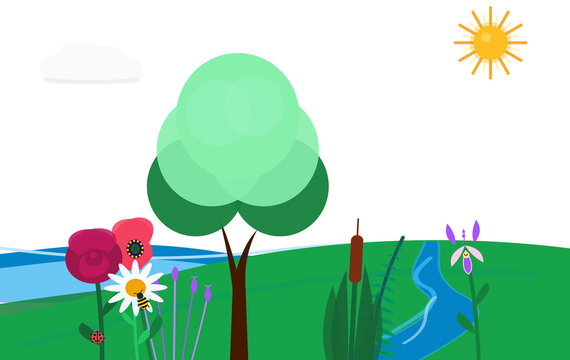 Idyllic garden landscape with river and blooming flowers