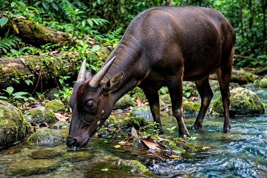 Lowland Anoa Drinking at Forest Stream