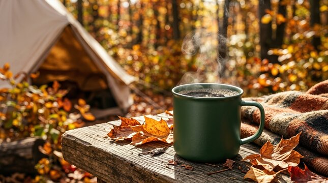 Steaming mug of coffee on a wooden table at an autumn campsite. Hot morning beverage outdoors with canvas tent and fall foliage background