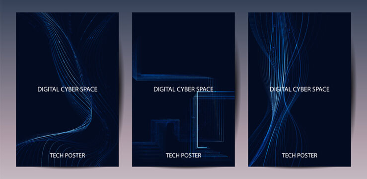 Abstract Digital Cyber Space Technology With  Blue Circuit Waves Background Poster Set