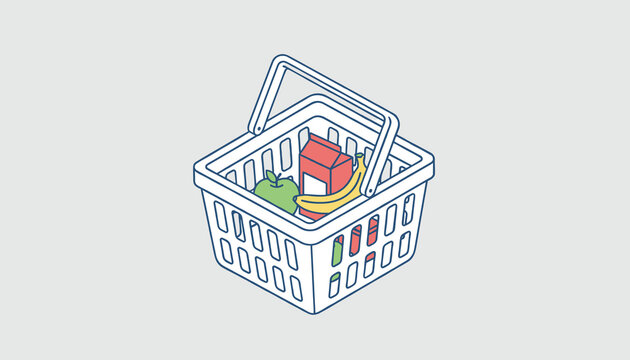 Isometric illustration of a white plastic grocery shopping basket filled with a green apple juice box and a banana.