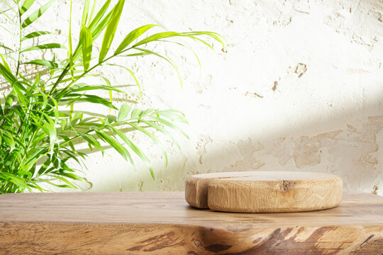 Round wooden podium on a table with green plant shadows and textured plaster wall as background