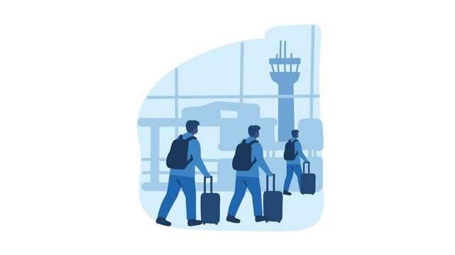 Animation of travelers with luggage walking toward airport control tower