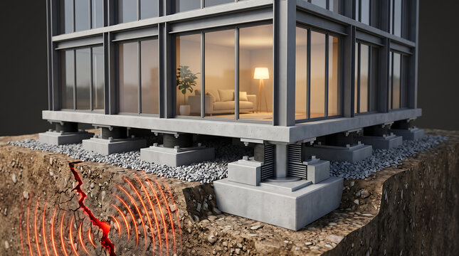 Earthquake resistant building with seismic base isolation system showing rubber bearings concrete foundations gravel and red fault line cutaway of ground with seismic waves