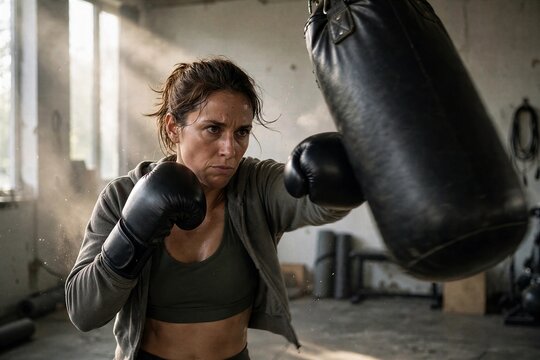 Woman punching heavy bag in modest gym