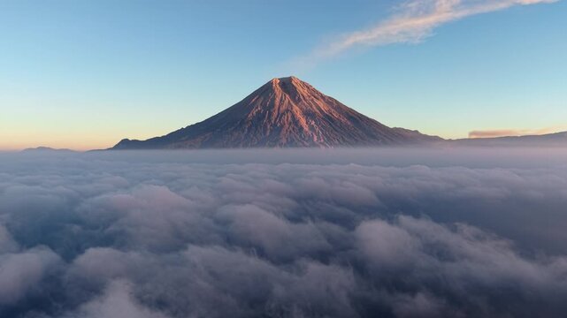 Sunrise alpenglow on Mount Semeru rising above thick clouds and mist.
