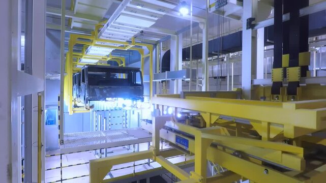 Automotive assembly line unfinished electric semi truck cab chassis being built robotic arms, hanging overhead yellow conveyor system structure advanced manufacturing equipment factory production