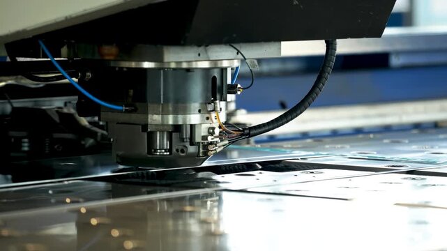 Industrial high precision CNC punch press machine is operating on sheet metal fabrication cutting process in manufacturing, industrial production, precision engineering tech for automotive part