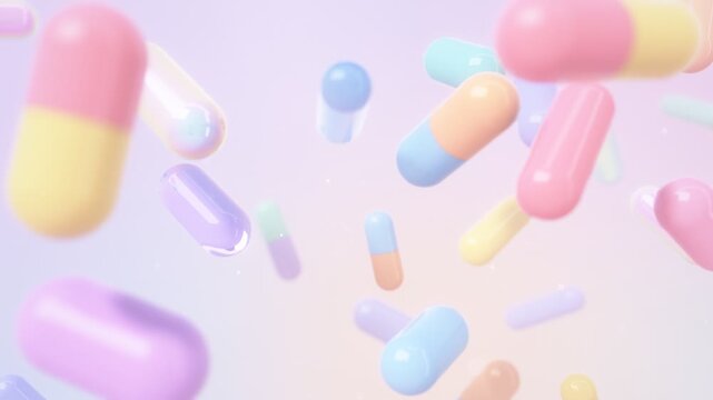 Glossy Pastel 3D Capsules Drifting and Tumbling in a Dreamy Pastel Void Seamless Loop