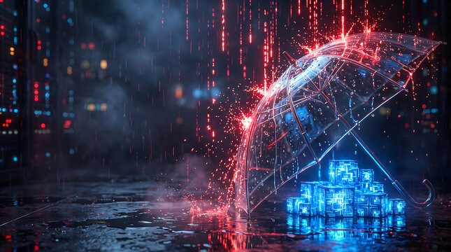 Transparent umbrella protecting glowing blue blockchain data cubes from falling red binary code rain in dark futuristic wet city street for cyber security and data protection concept