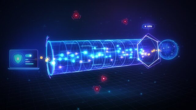 Virtual Private Network VPN Tunnel Encrypted Data Packets Flowing From Laptop To Secure Server 4K