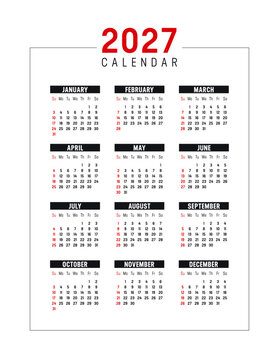 Year 2027 red black vertical calendar on white background, vector template in English