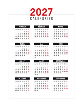 Year 2027 red black calendar in French on white background, vertical vector template France
