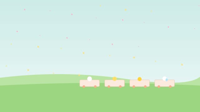 Delightful pastel vector spring wagon train loaded with colorful blooming flowers, decorated Easter eggs, and lush greenery, cheerful whimsical springtime cartoon animation for children