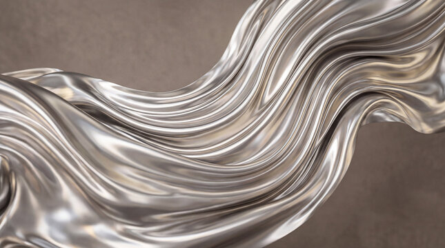 Polished silver waves form flowing metallic folds against a warm taupe background, creating an elegant abstract composition with soft highlights and sculptural depth.