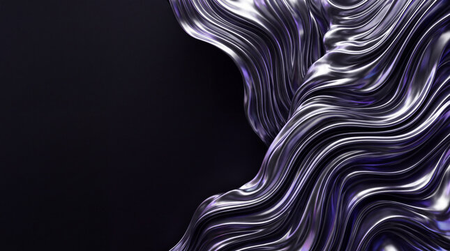 Sculptural metallic waves curve along a dark backdrop, combining polished silver highlights, subtle purple tones and intricate flowing ridges.