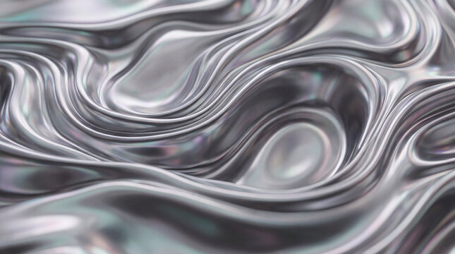 Abstract liquid metal background featuring flowing organic depressions, realistic chrome reflections and elegant studio lighting in a wide composition.