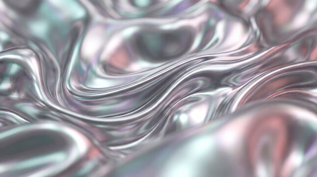 Abstract liquid metal background featuring flowing organic depressions, realistic chrome reflections and elegant studio lighting in a wide composition.