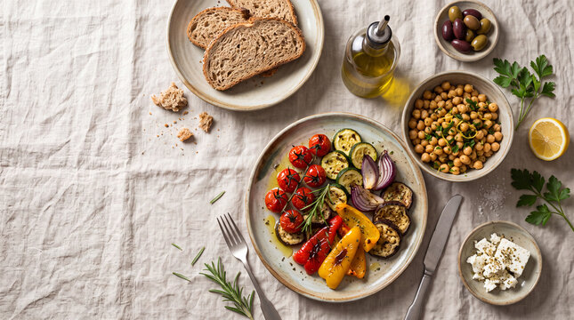 Photorealistic overhead view of a healthy Mediterranean meal with colorful vegetables, chickpeas, whole grain bread, olive oil and fresh herbs on ceramic plates.