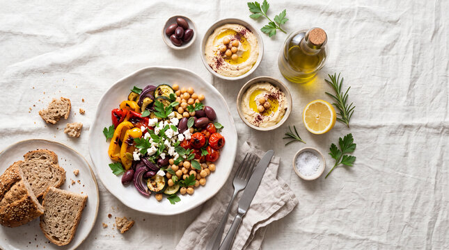 Commercial flat lay of a balanced Mediterranean meal on natural linen, featuring seasonal vegetables, chickpeas, olive oil and elegant handmade ceramics.