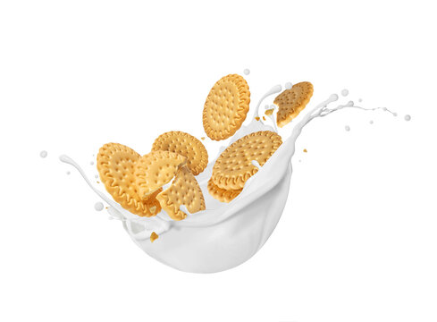 Crispy sandwich cookies falling into a dynamic milk splash