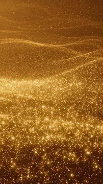 Golden particles flow in shimmering wave formations across a dark amber abstract field. Title sequences, event openers, and luxury brand presentations.