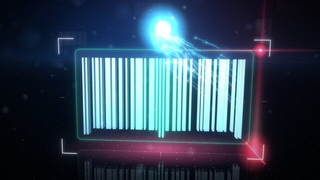 holographic barcode laser scanning animation decoding into spinning product cube in seamless loop 4k