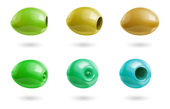 Set of colorful glossy olive shaped icons on isolated transparent background