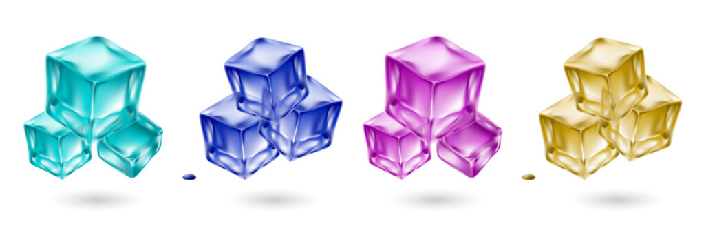 Set of colorful glossy ice cubes with realistic transparency and reflections transparent background