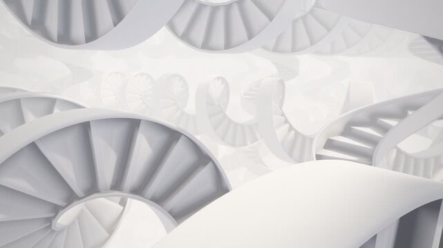 Endless white spiral staircases twisting through a bright impossible geometry 3D space