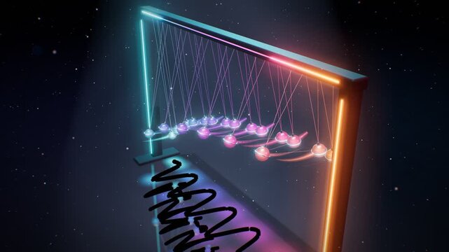 pendulum wave 3d animation twenty glowing pendulums swinging into harmonic wave patterns seamless loop