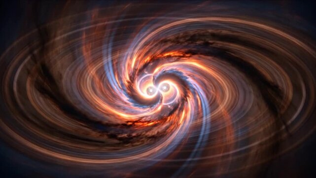 恒星合体の衝突部から噴出する高密度ガス円盤とプラズマの渦を捉えた天体CG