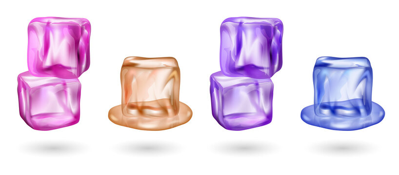 Set of colorful melting ice cubes with various hues transparent background