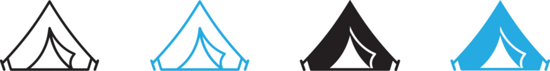 Camping tent vector icon set in outline, black silhouette and color. © IconNest