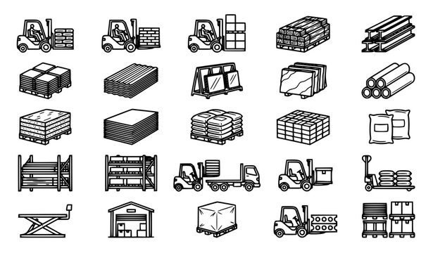 Building Materials Warehouse Forklift and Pallet Handling Vector Set