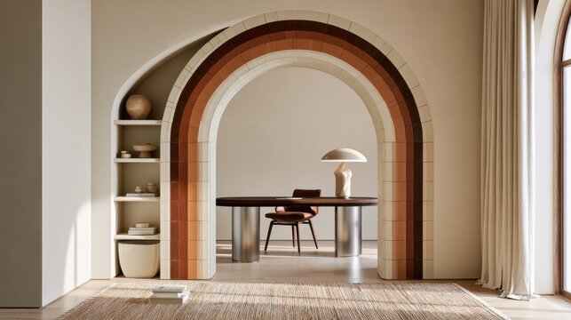 Terracotta tiled arched interior with layered rainbow arch and dining table for boho modern interior design, editorial and background use
