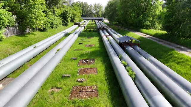 Aerial view of industrial pipes for gas, water, and oil running parallel across a green landscape, showcasing their weathered surfaces and surrounding vegetation in a natural setting