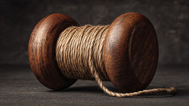 Winding string wrapped securely around a wooden spindle represents traditional craftsmanship.