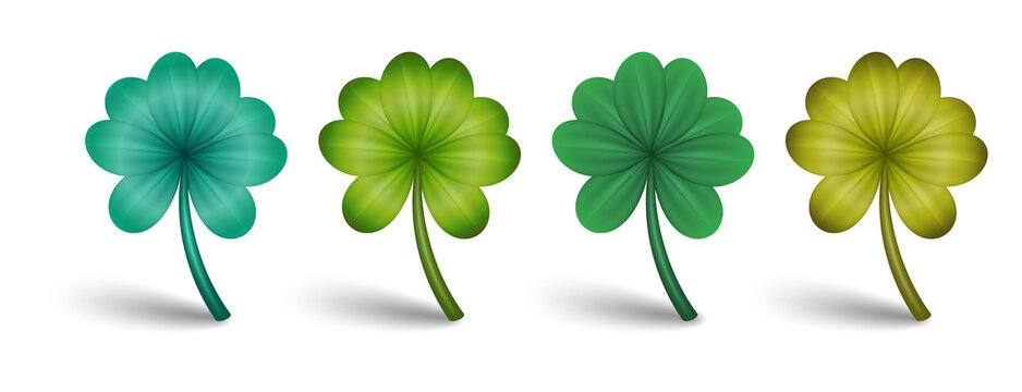 Set of four colorful clover leaves with gradient colors isolated on transparent background
